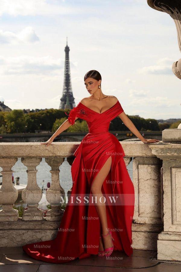 Glamorous Long Red A-line Off-the-shoulder Ruffles Prom Evening Dresses with Slit