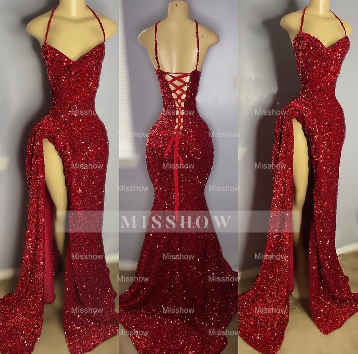 Glamorous Long Red Mermaid Straps Sequied Prom Dress with Slit
