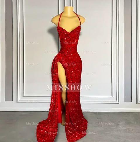 Glamorous Long Red Mermaid Straps Sequied Prom Dress with Slit