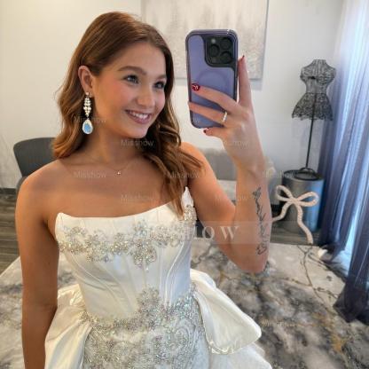 Glamorous Long White Strapless Lace Prom Dress with Detachable Train