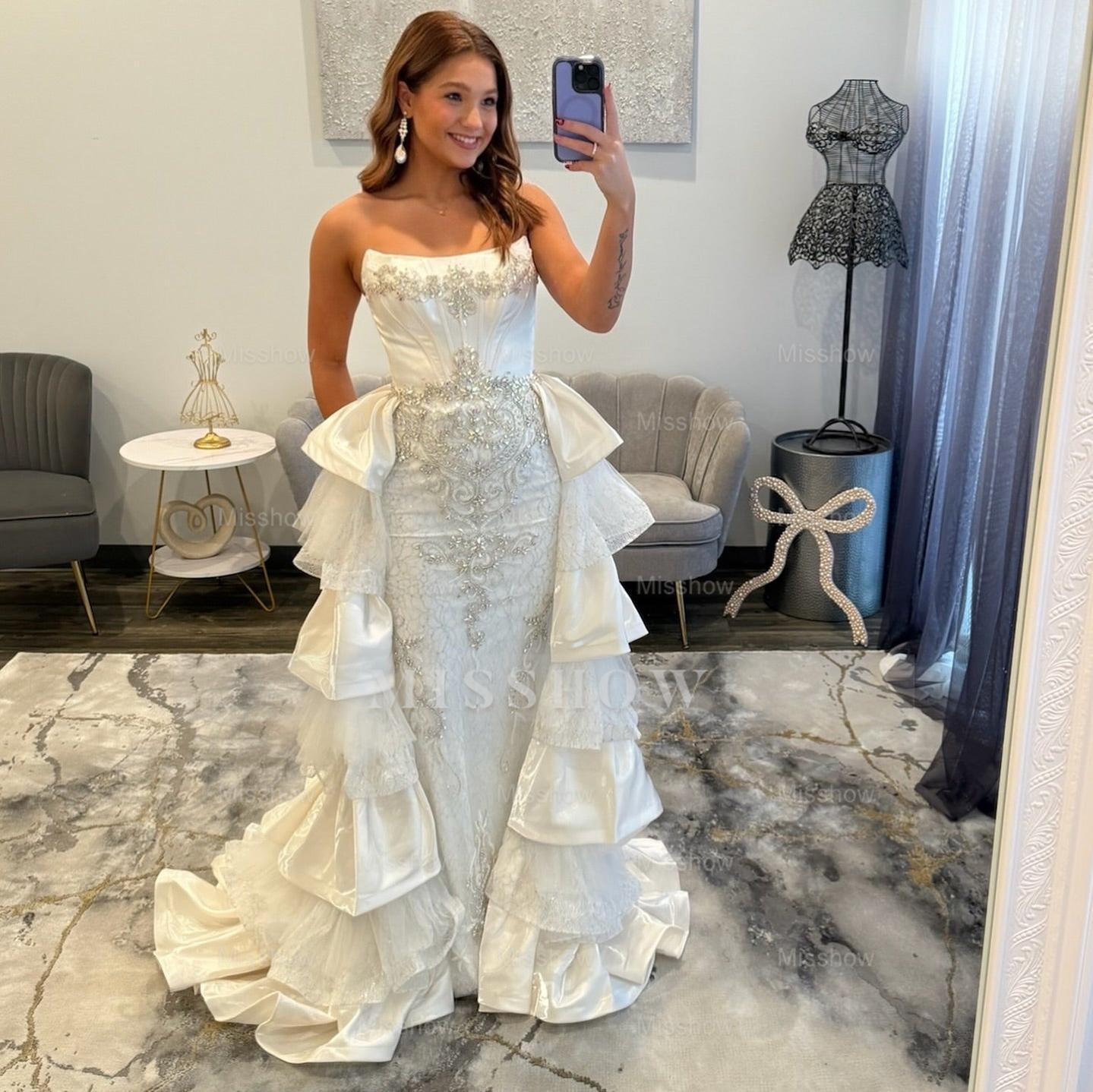 Glamorous Long White Strapless Lace Prom Dress with Detachable Train