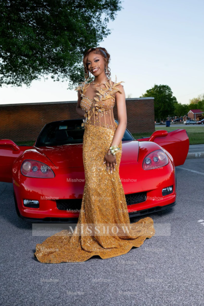 Glamorous Long Yellow Mermaid Sequined Beaded Sleeveless Prom Dress