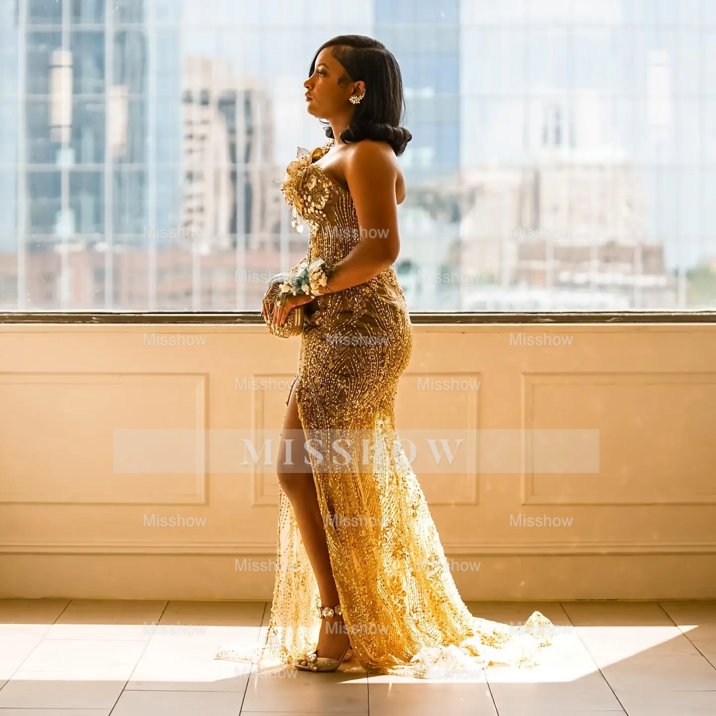 Glamorous One-Shoulder Gold Mermaid Prom Dress 3D Floral Illusion Bodice Prom Gown with Crystal Beading & High Slit