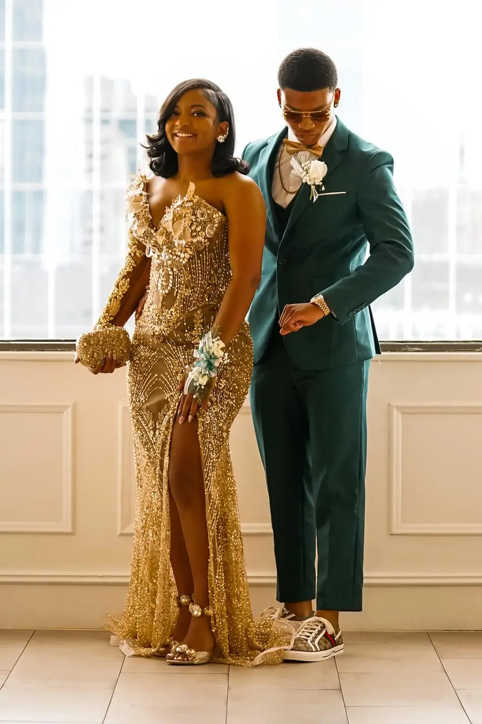 Glamorous One-Shoulder Gold Mermaid Prom Dress 3D Floral Illusion Bodice Prom Gown with Crystal Beading & High Slit