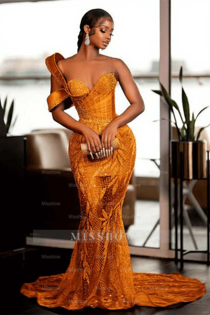 Glamorous One Shoulder Mermaid Prom Dress with Glitter Sequins Pearls and Ruffles - Sweetheart Evening Gown