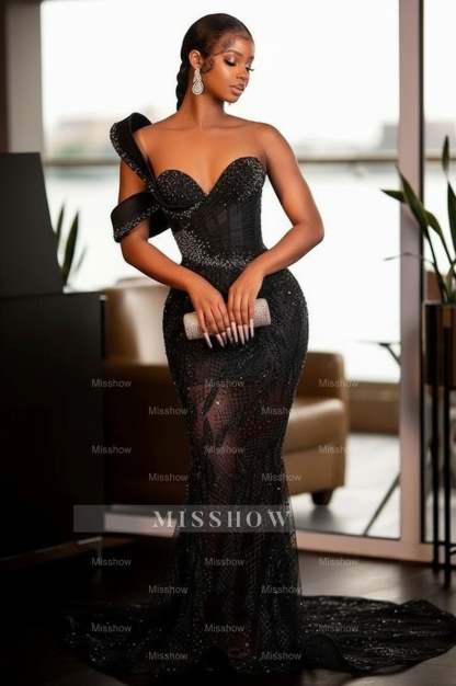 Glamorous One Shoulder Mermaid Prom Dress with Glitter Sequins Pearls and Ruffles - Sweetheart Evening Gown