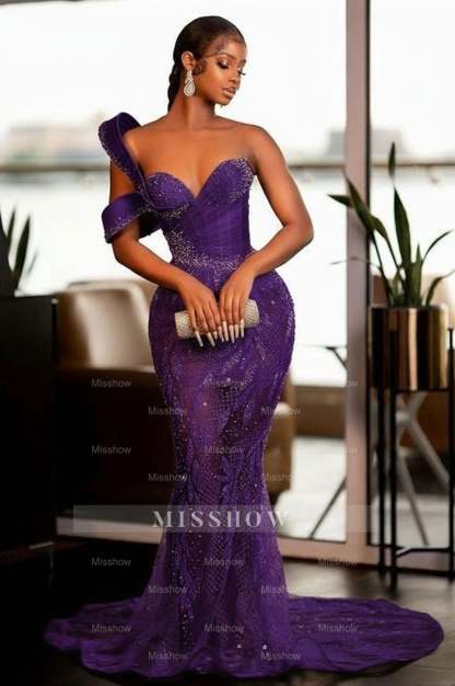Glamorous One Shoulder Mermaid Prom Dress with Glitter Sequins Pearls and Ruffles - Sweetheart Evening Gown
