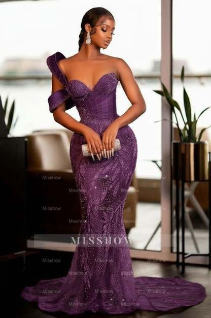 Glamorous One Shoulder Mermaid Prom Dress with Glitter Sequins Pearls and Ruffles - Sweetheart Evening Gown