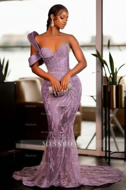 Glamorous One Shoulder Mermaid Prom Dress with Glitter Sequins Pearls and Ruffles - Sweetheart Evening Gown