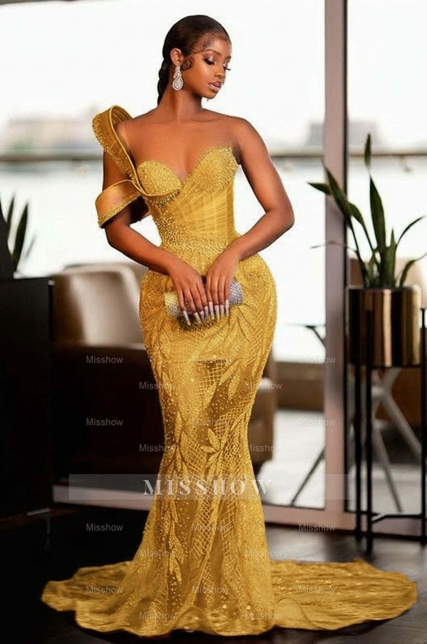 Glamorous One Shoulder Mermaid Prom Dress with Glitter Sequins Pearls and Ruffles - Sweetheart Evening Gown