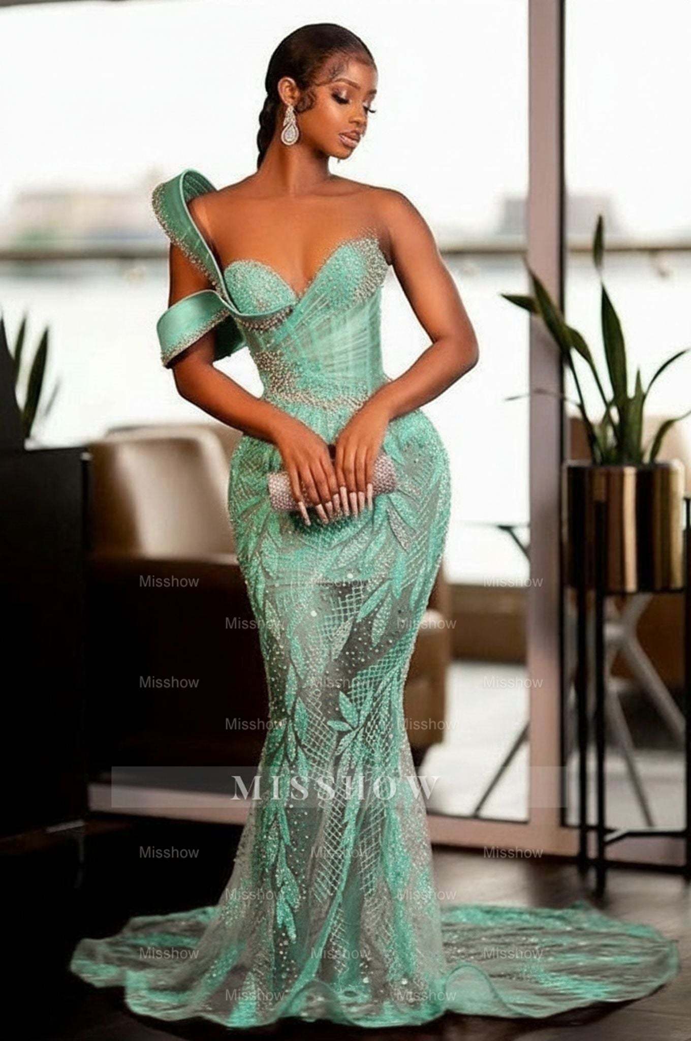 Glamorous One Shoulder Mermaid Prom Dress with Glitter Sequins Pearls and Ruffles - Sweetheart Evening Gown