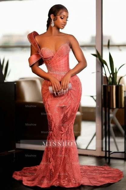 Glamorous One Shoulder Mermaid Prom Dress with Glitter Sequins Pearls and Ruffles - Sweetheart Evening Gown