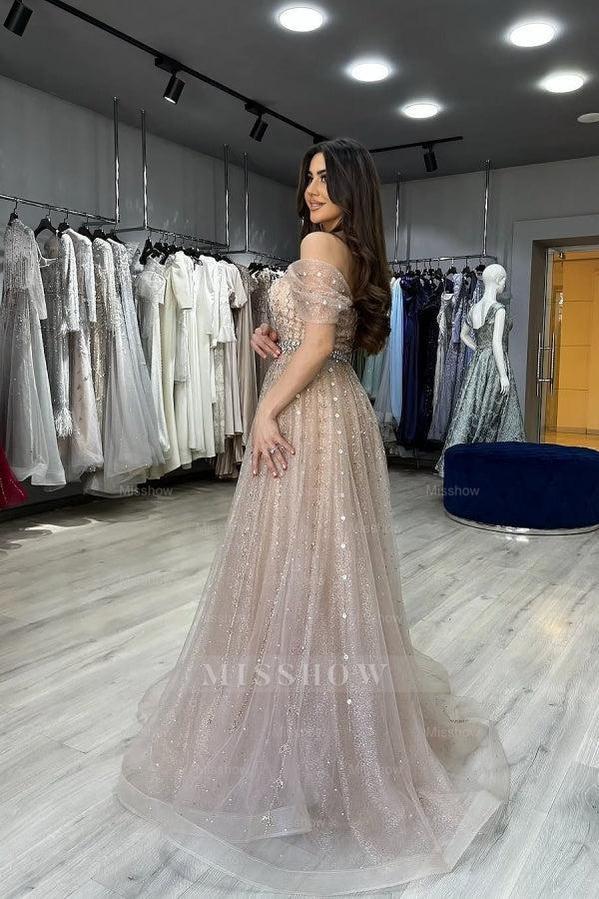 Glamorous Silver Off-The-Shoulder Mermaid Evening Dress with Detachable Train