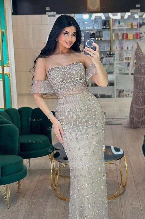 Glamorous Silver Off-The-Shoulder Mermaid Evening Dress with Detachable Train