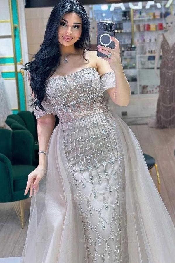 Glamorous Silver Off-The-Shoulder Mermaid Evening Dress with Detachable Train