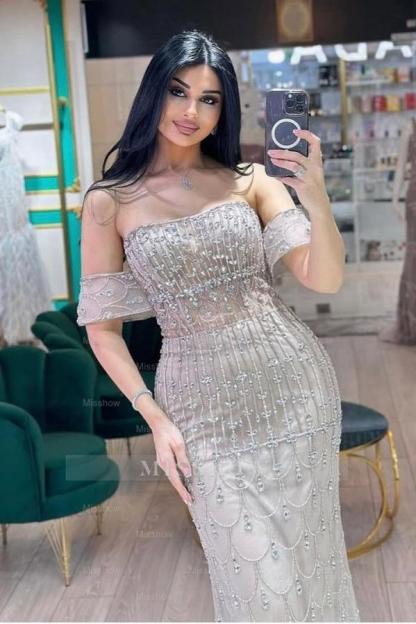 Glamorous Silver Off-The-Shoulder Mermaid Evening Dress with Detachable Train