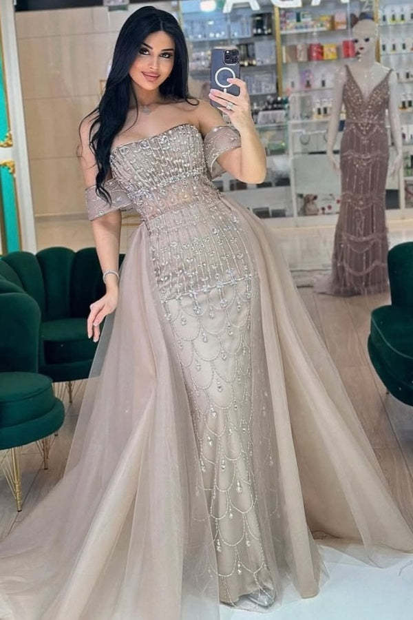 Glamorous Silver Off-The-Shoulder Mermaid Evening Dress with Detachable Train