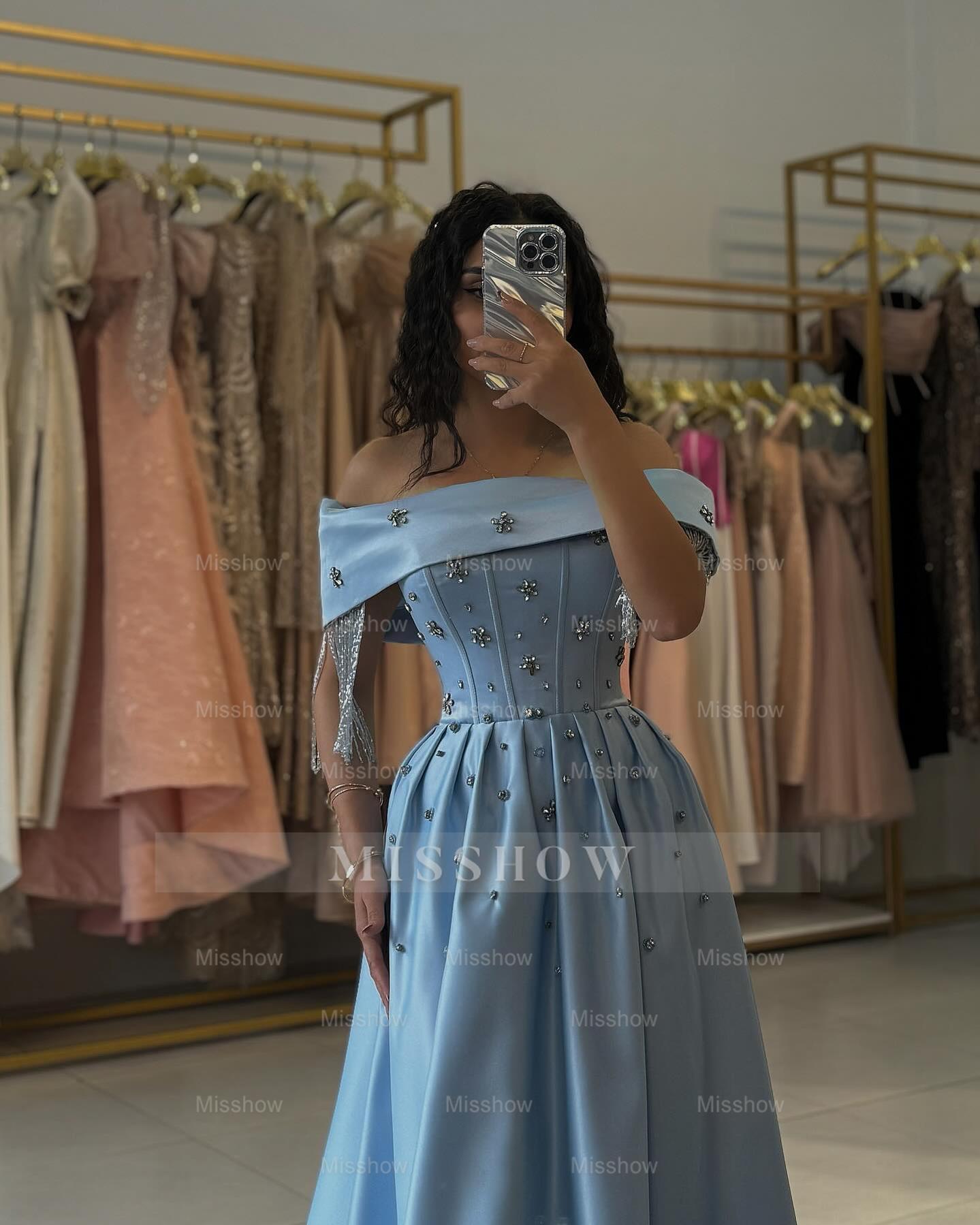 Glamorous Sky Blue Off-The-Shoulder Sleeveless A-Line Formal Dress with Rhinestones