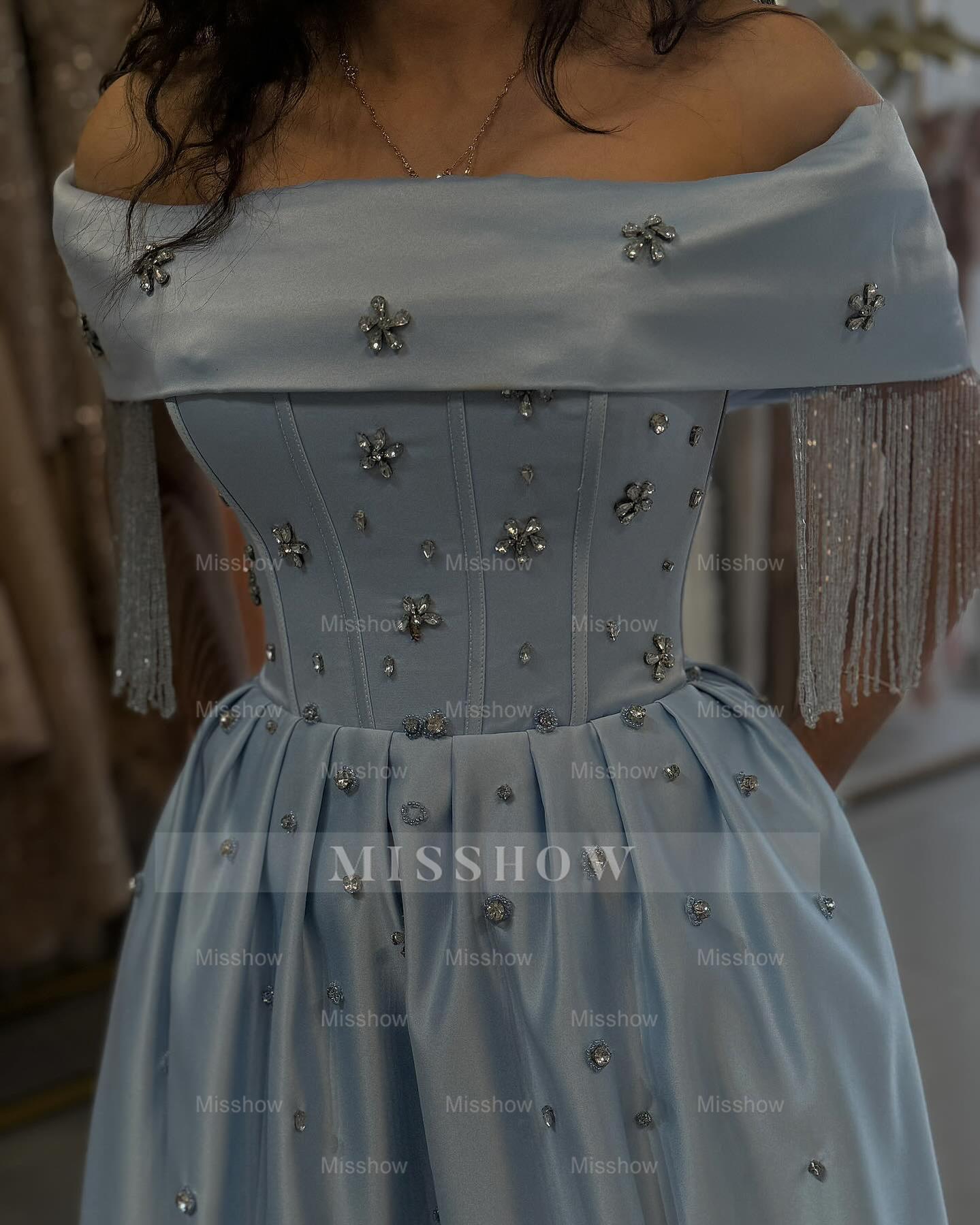 Glamorous Sky Blue Off-The-Shoulder Sleeveless A-Line Formal Dress with Rhinestones