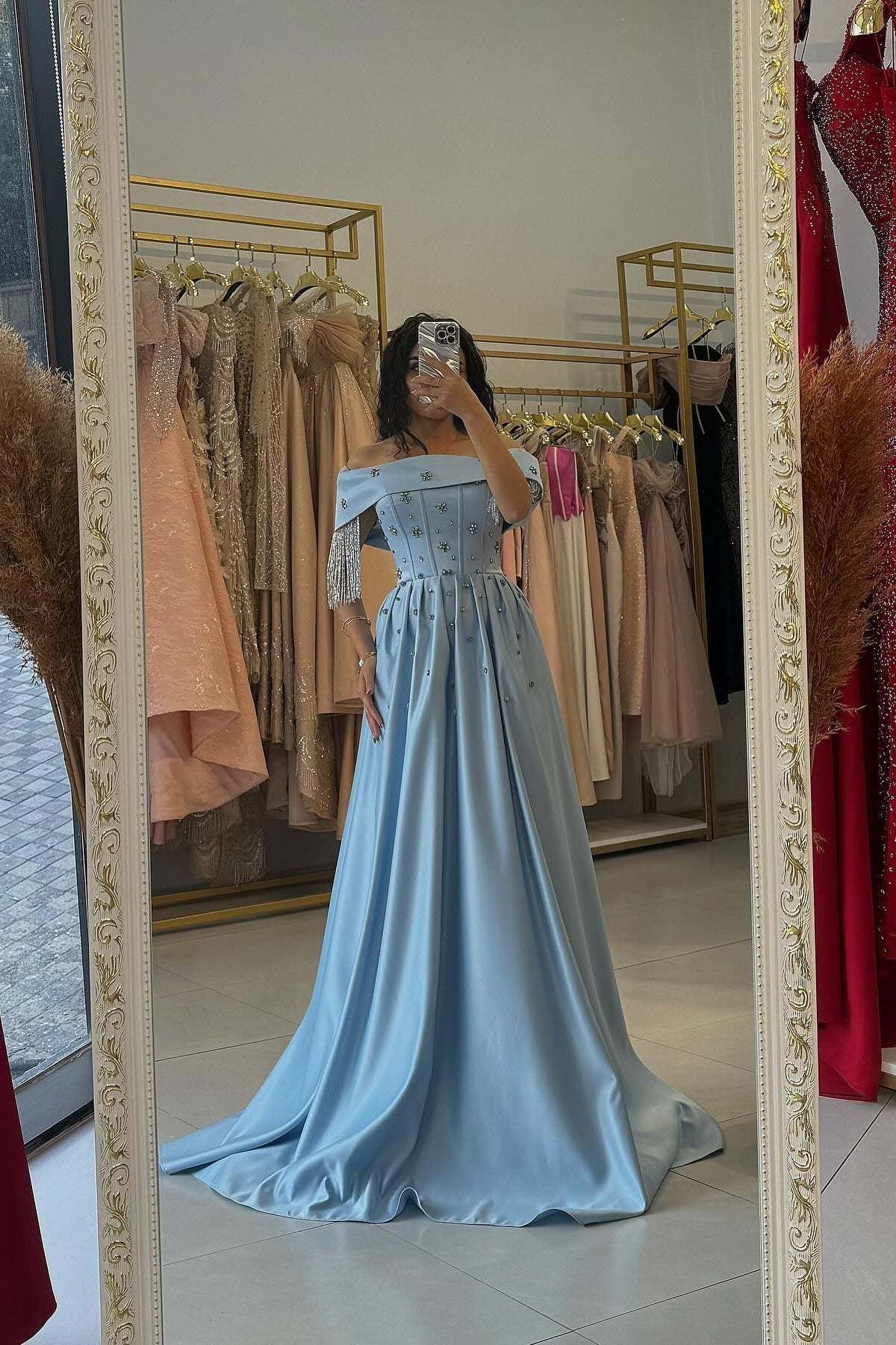 Glamorous Sky Blue Off-The-Shoulder Sleeveless A-Line Formal Dress with Rhinestones