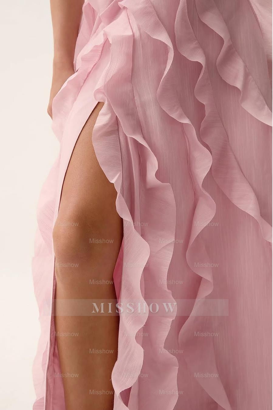 Glamorous Sleeveless Split Strapless Long Formal Dress With Ruffles