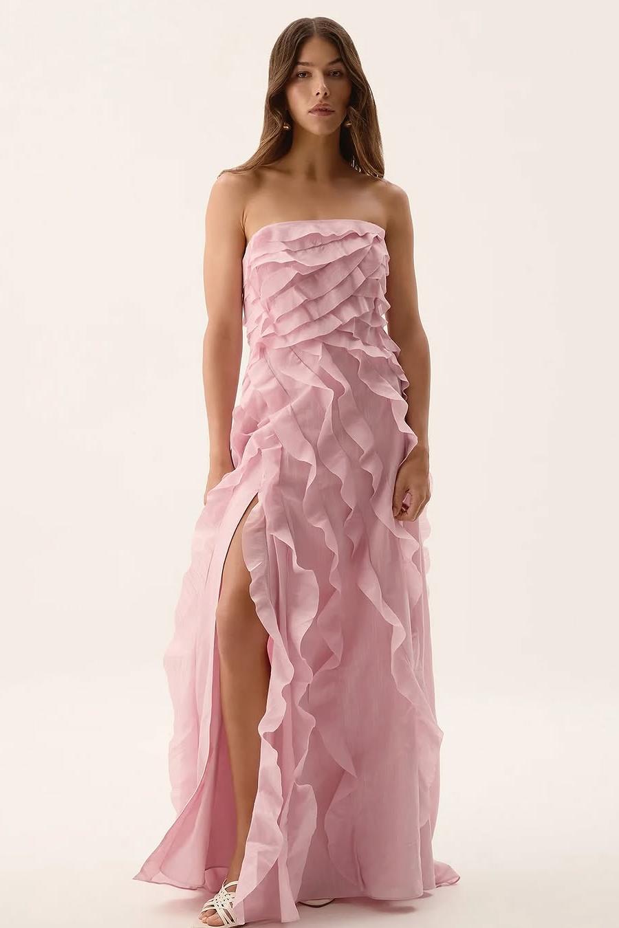 Glamorous Sleeveless Split Strapless Long Formal Dress With Ruffles