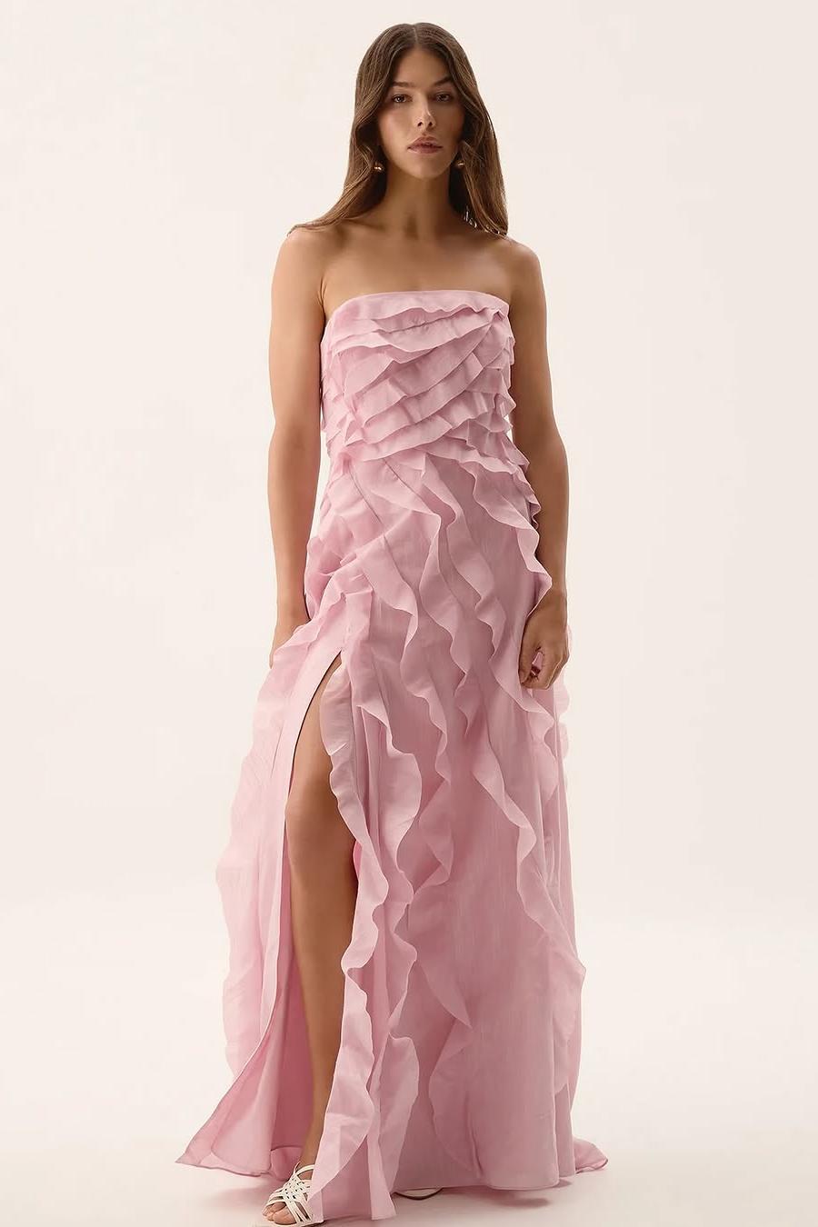 Glamorous Sleeveless Split Strapless Long Formal Dress With Ruffles