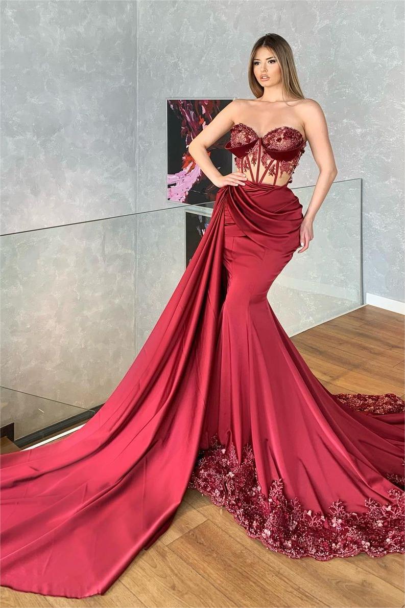 Glamorous Strapless Sleeveless Long Pleated Mermaid Formal Dress With Embroidery