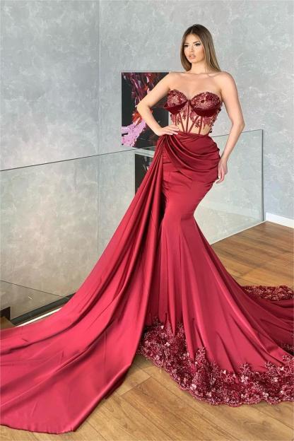 Glamorous Strapless Sleeveless Long Pleated Mermaid Formal Dress With Embroidery