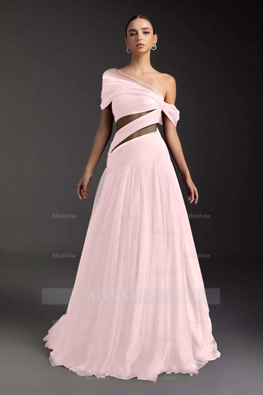 Glamorous Tulle One Shoulder Sleeveless Long Formal Dress With Pleated