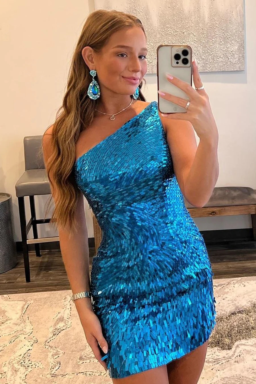 Sparkly Sheath One Shoulder Royal Blue Sequins Short Cocktail Dress 3