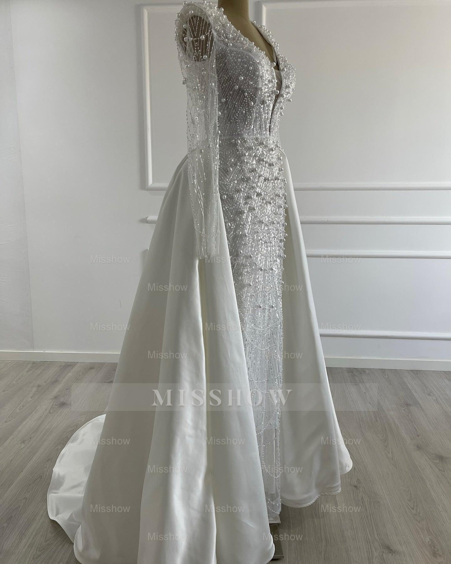Glittering Ivory Deep-V-Neck Long-Sleeve Beaded Mermaid Wedding Dress with Detachable Train