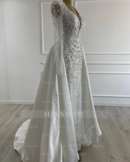 Glittering Ivory Deep-V-Neck Long-Sleeve Beaded Mermaid Wedding Dress with Detachable Train