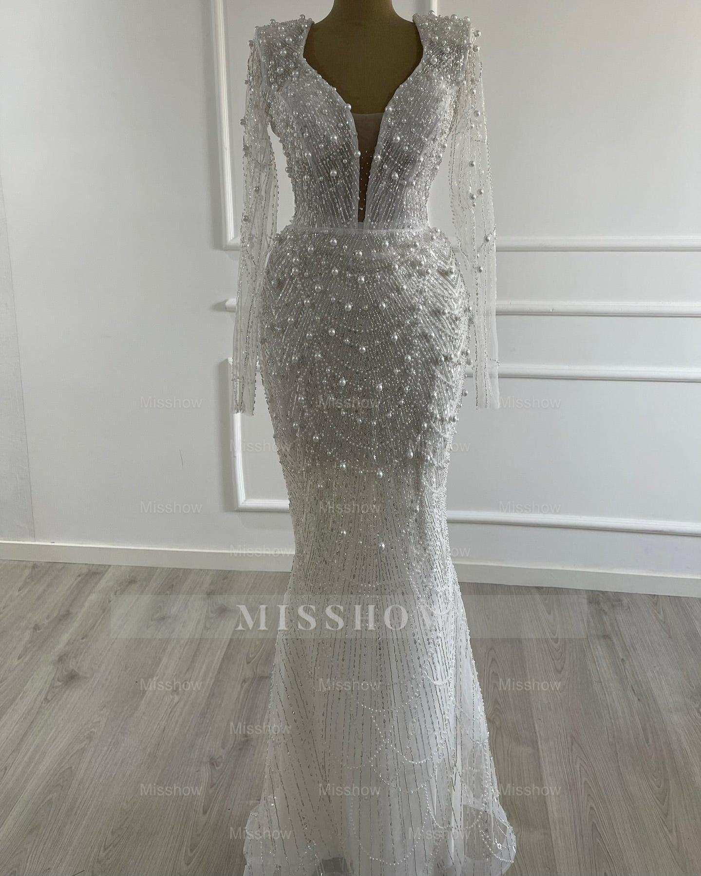 Glittering Ivory Deep-V-Neck Long-Sleeve Beaded Mermaid Wedding Dress with Detachable Train