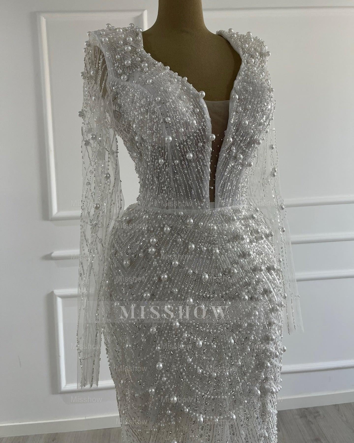 Glittering Ivory Deep-V-Neck Long-Sleeve Beaded Mermaid Wedding Dress with Detachable Train