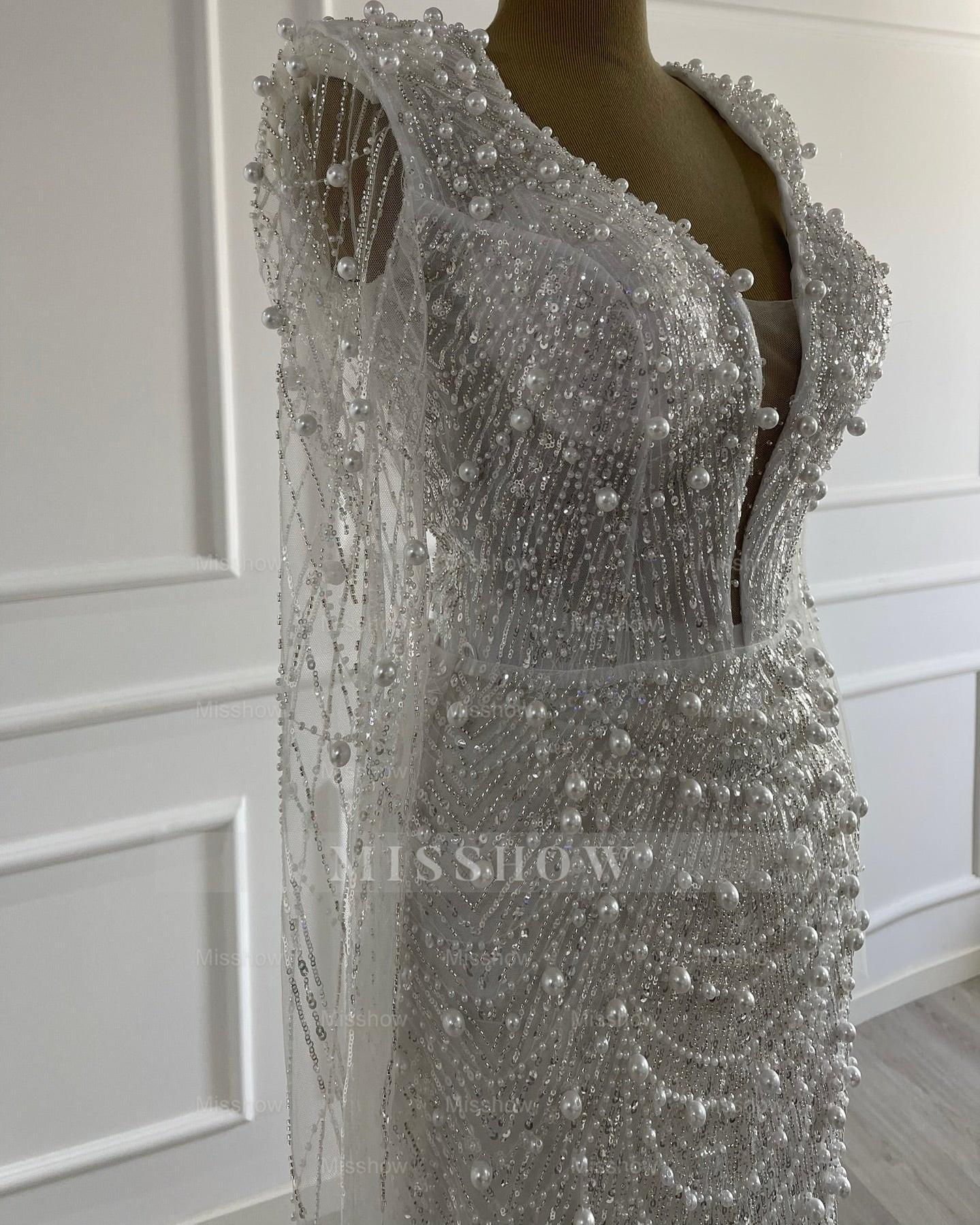 Glittering Ivory Deep-V-Neck Long-Sleeve Beaded Mermaid Wedding Dress with Detachable Train