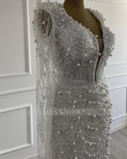 Glittering Ivory Deep-V-Neck Long-Sleeve Beaded Mermaid Wedding Dress with Detachable Train