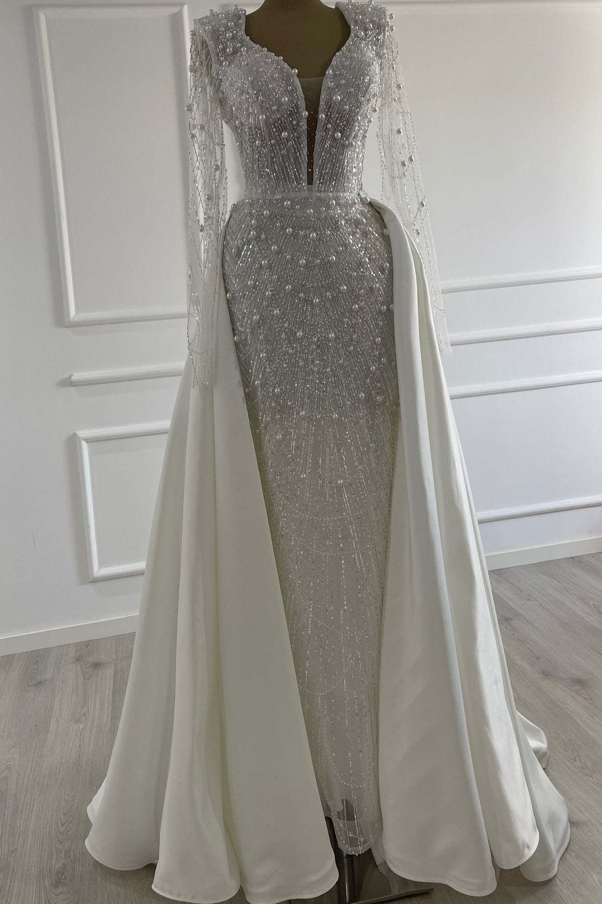 Glittering Ivory Deep-V-Neck Long-Sleeve Beaded Mermaid Wedding Dress with Detachable Train