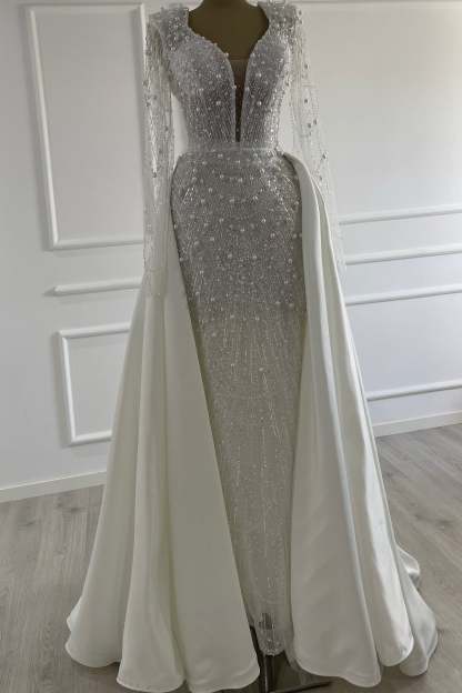 Glittering Ivory Deep-V-Neck Long-Sleeve Beaded Mermaid Wedding Dress with Detachable Train