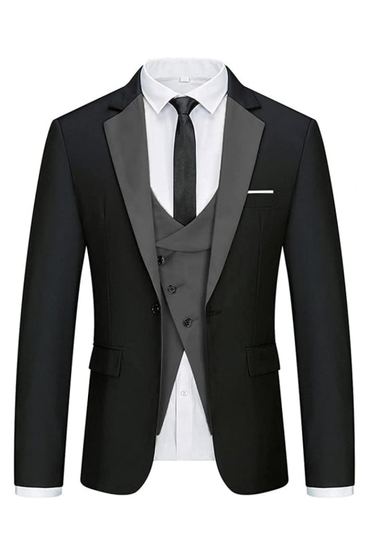 Stylish Black Three-Piece Notched Lapel Business Suit