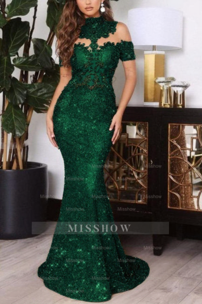 Gold Off The Shoulder Sparkle Mermaid Floor Length Prom Dress