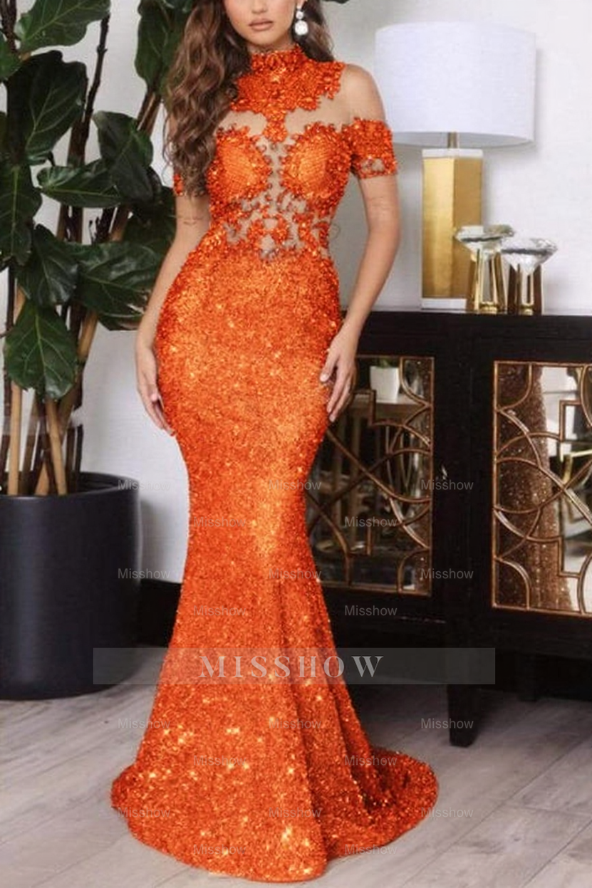 Gold Off The Shoulder Sparkle Mermaid Floor Length Prom Dress