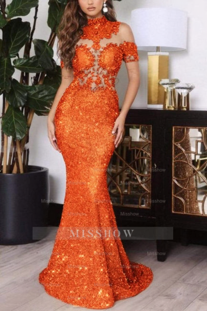Gold Off The Shoulder Sparkle Mermaid Floor Length Prom Dress