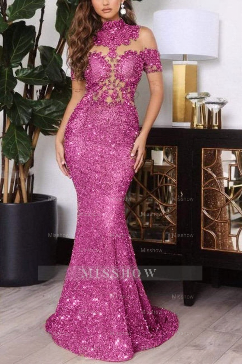 Gold Off The Shoulder Sparkle Mermaid Floor Length Prom Dress