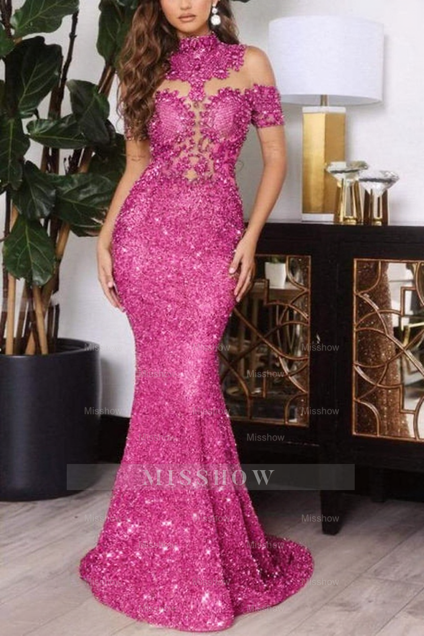 Gold Off The Shoulder Sparkle Mermaid Floor Length Prom Dress