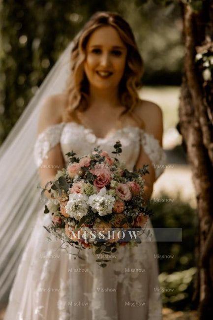 Gorgeous A-Line Lace Off-The-Shoulder Sleeveless White Wedding Dresses With Ruffles