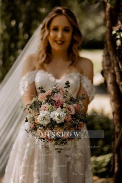 Gorgeous A-Line Lace Off-The-Shoulder Sleeveless White Wedding Dresses With Ruffles