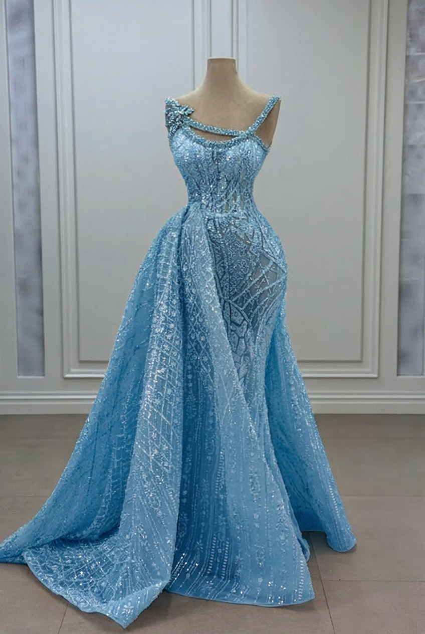 Gorgeous Asymmetrical Mermaid Strapless Sleeveless Beaded Panel Train Long Tulle Prom Dresses With Rhinestone