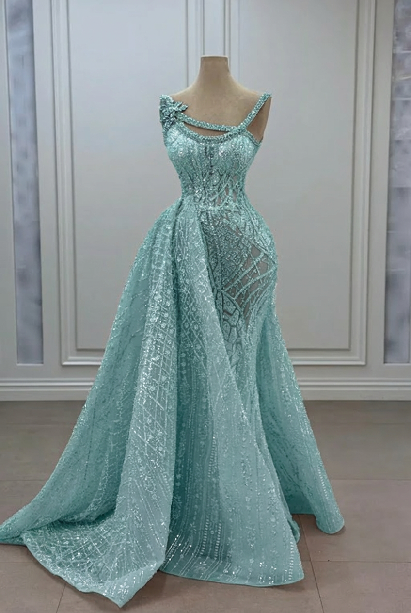 Gorgeous Asymmetrical Mermaid Strapless Sleeveless Beaded Panel Train Long Tulle Prom Dresses With Rhinestone