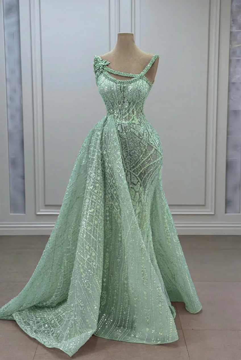 Gorgeous Asymmetrical Mermaid Strapless Sleeveless Beaded Panel Train Long Tulle Prom Dresses With Rhinestone